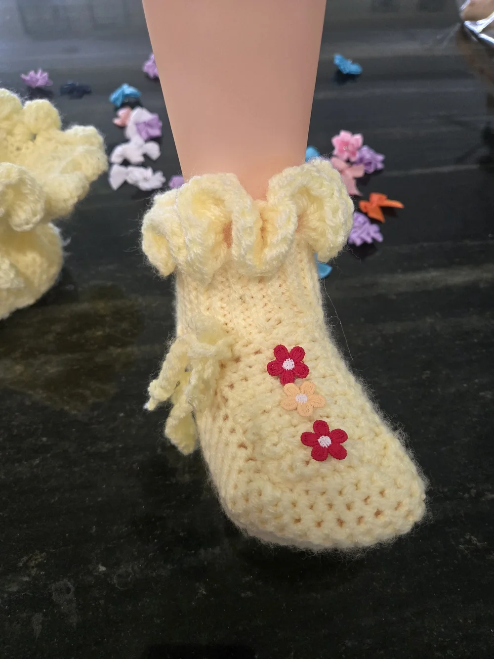Handmade Yellow Crochet Baby Booties with Floral Appliqués
